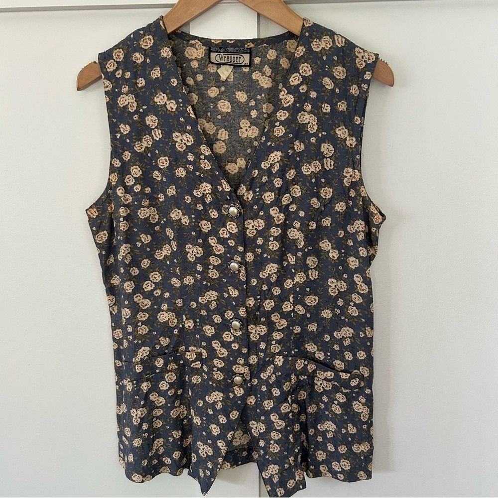 Vintage Wrapper Women's Vest Floral Blue Pearl Metal Buttons‎ Cottagecore Medium